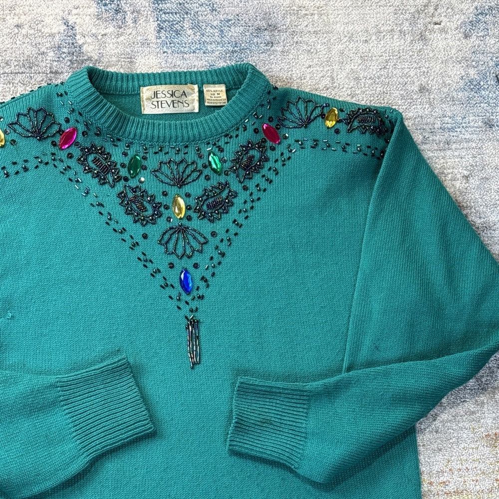 Vintage Jessica Stevens Beaded Sweater Dress‎ Green M Long Sleeve
